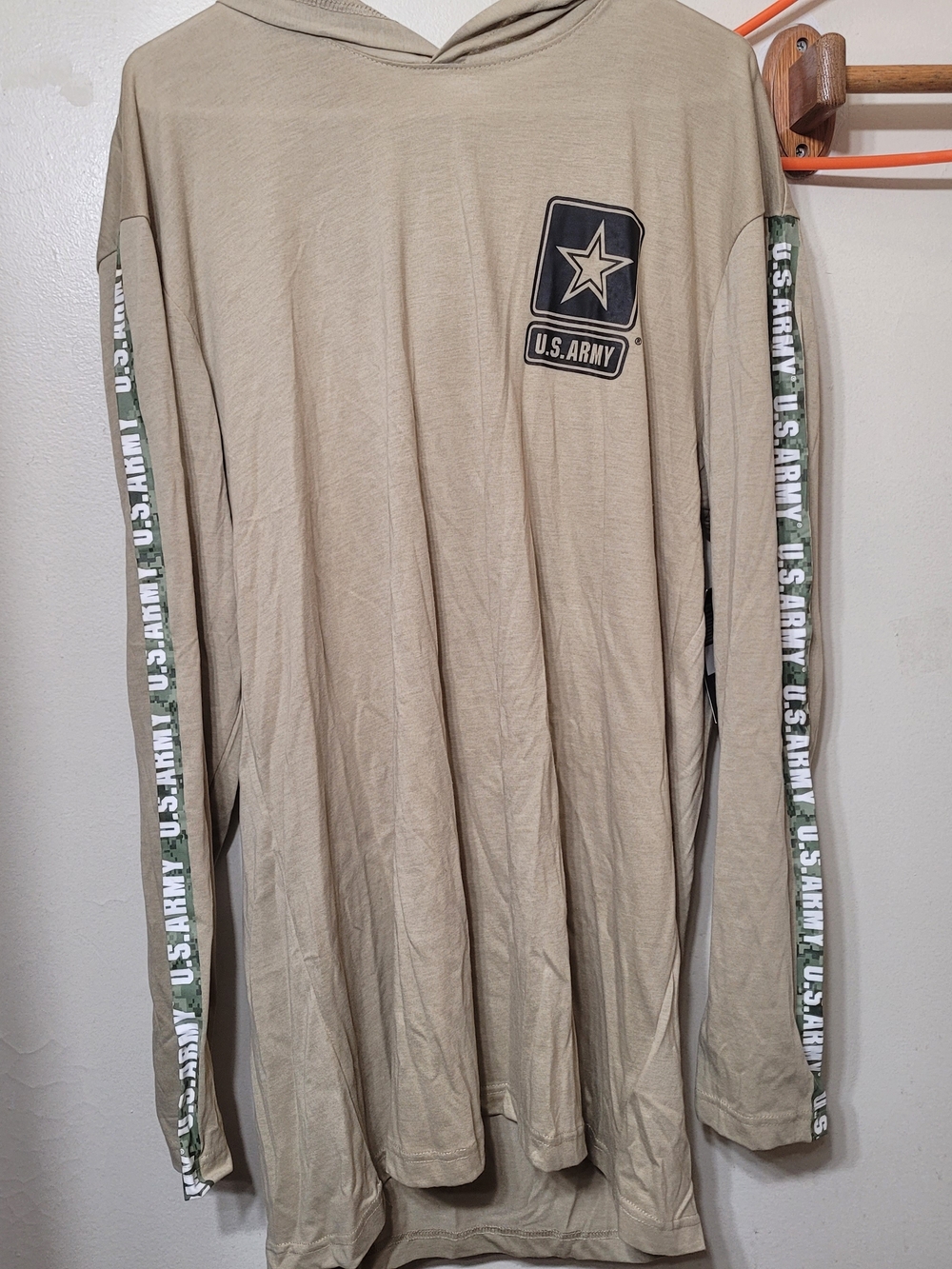 U.S. Army Long Sleeve Hooded Tee in Khaki with Sleeve Logo Tape